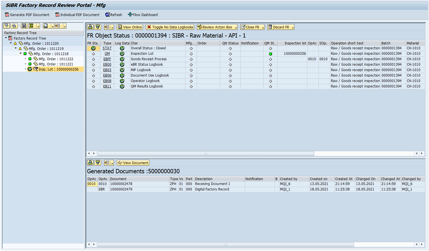 SiBR batch record review — exceptions highlighted